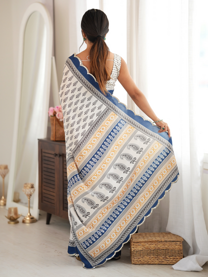 Black & White Printed Chiffon Silk Saree