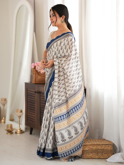 Black & White Printed Chiffon Silk Saree