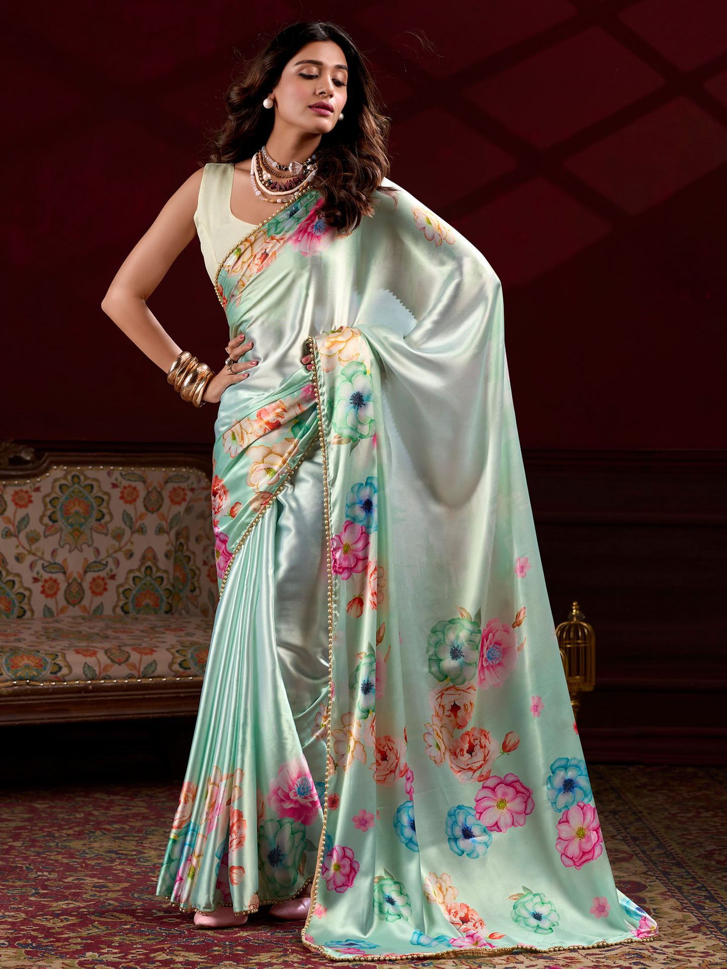 Pistachio Green Printed Satin Silk Saree