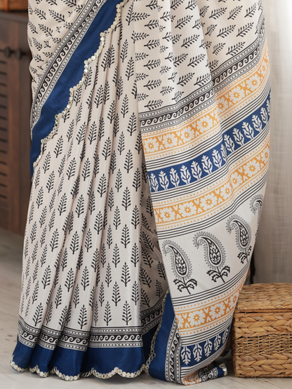 Black & White Printed Chiffon Silk Saree