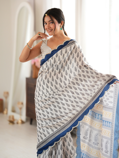 Black & White Printed Chiffon Silk Saree