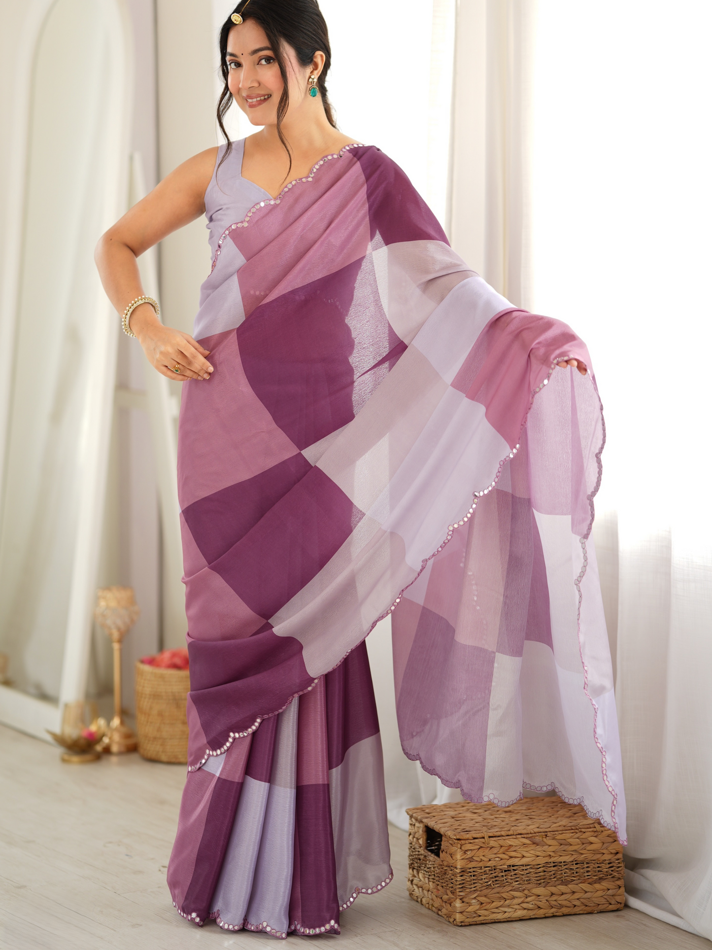 Multi Purple Printed Chiffon Silk Saree