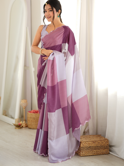 Multi Purple Printed Chiffon Silk Saree