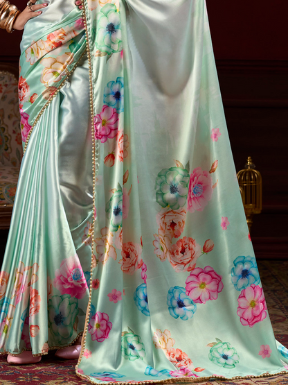 Pistachio Green Printed Satin Silk Saree