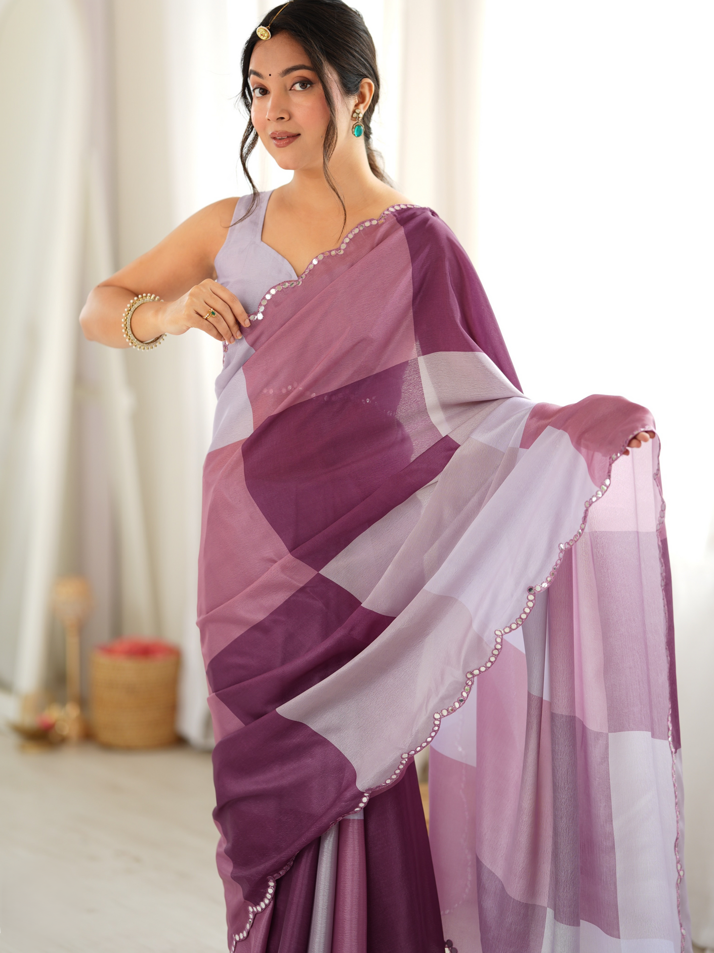 Multi Purple Printed Chiffon Silk Saree