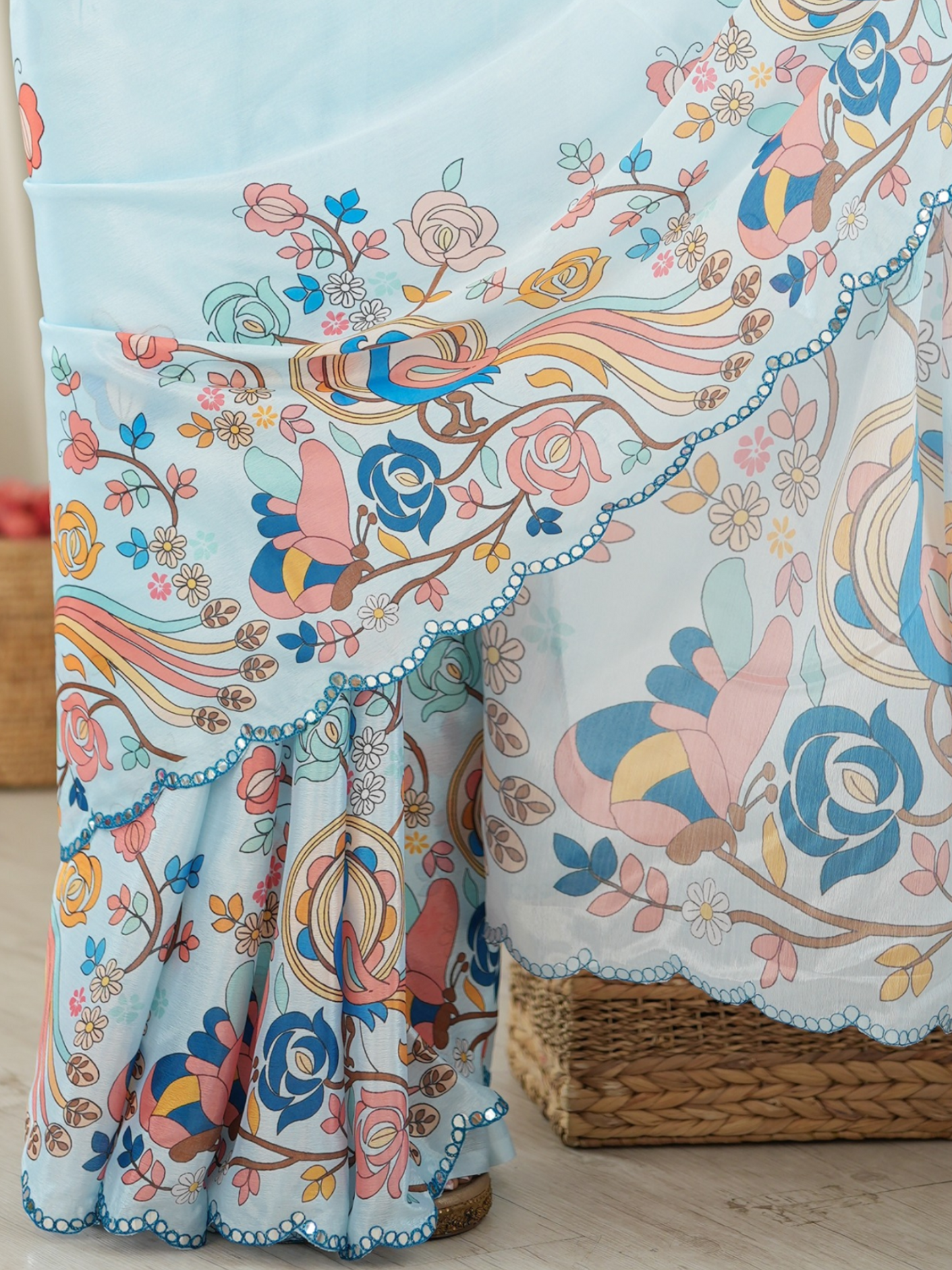 Powder Blue Printed Chiffon Silk Saree