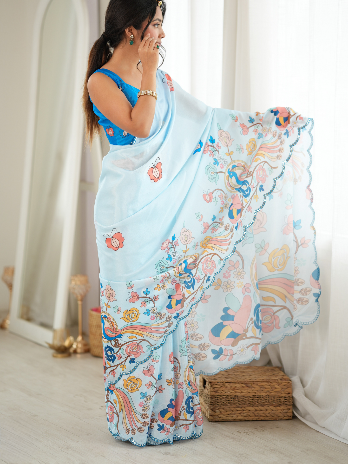 Powder Blue Printed Chiffon Silk Saree
