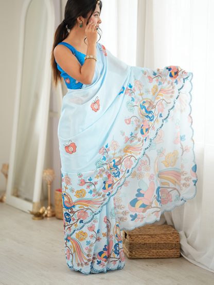 Powder Blue Printed Chiffon Silk Saree