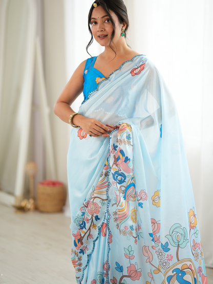 Powder Blue Printed Chiffon Silk Saree