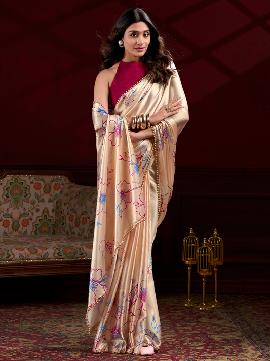 Sandy Pink Print Satin Silk Saree