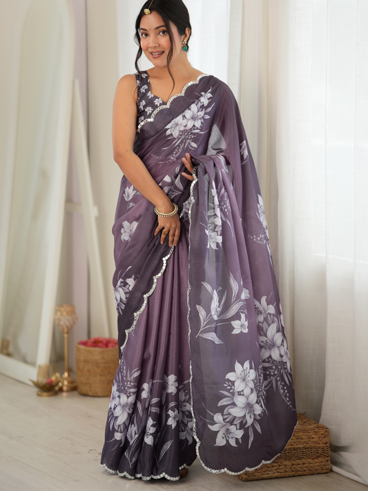 Moderate Purple Printed Chiffon Silk Saree