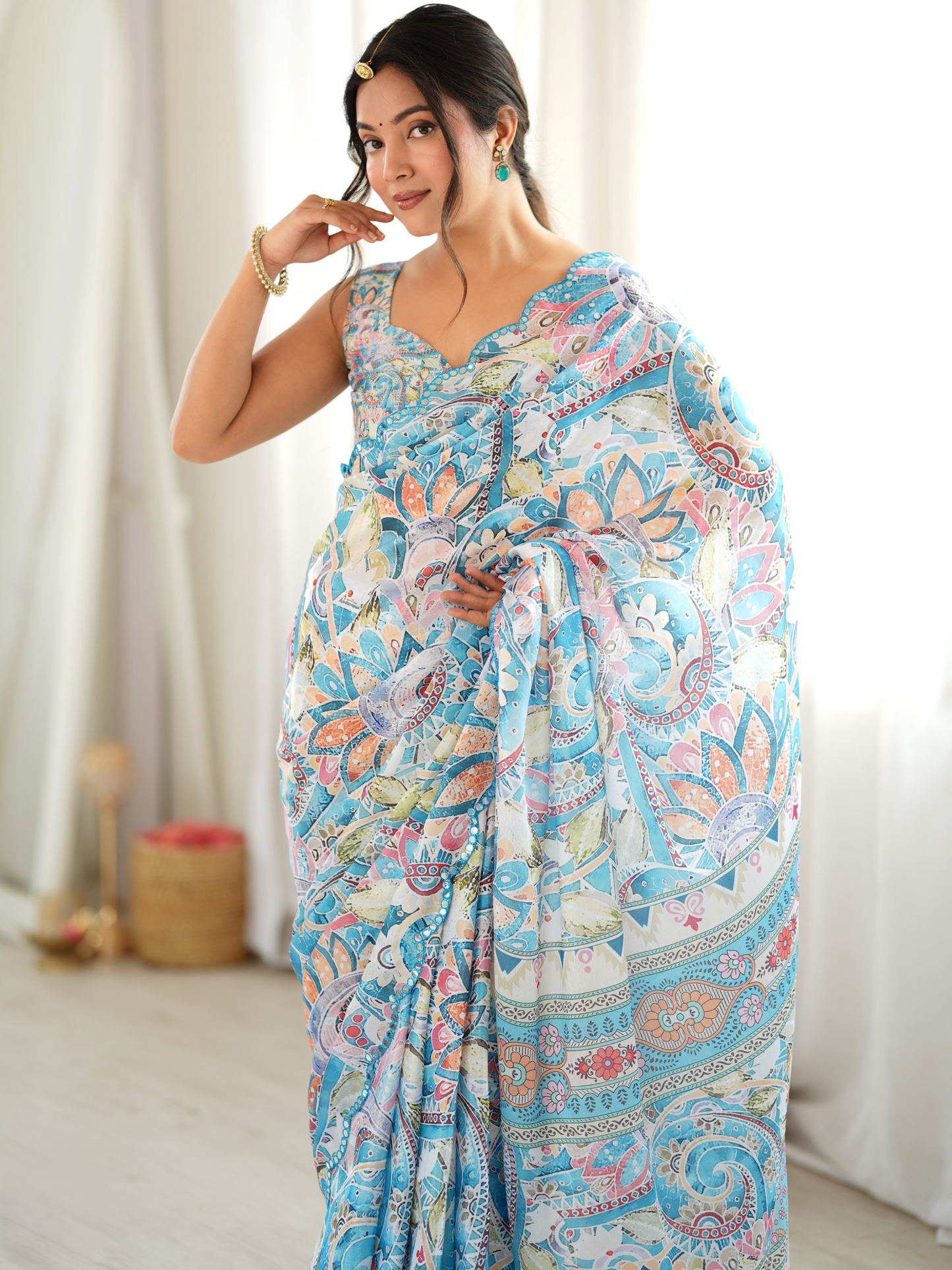 Multicolor Printed Chiffon Silk Saree