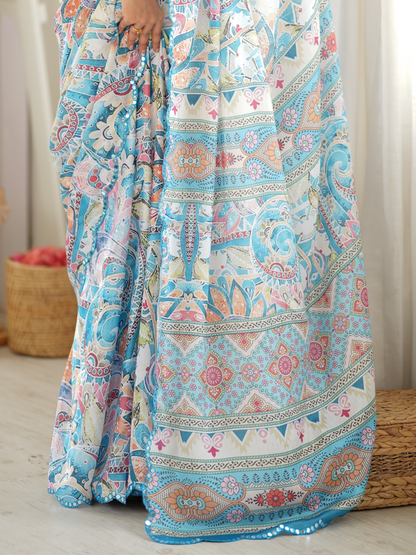 Multicolor Printed Chiffon Silk Saree