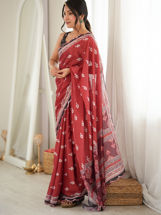 Brick Brown Printed Chiffon Silk Saree