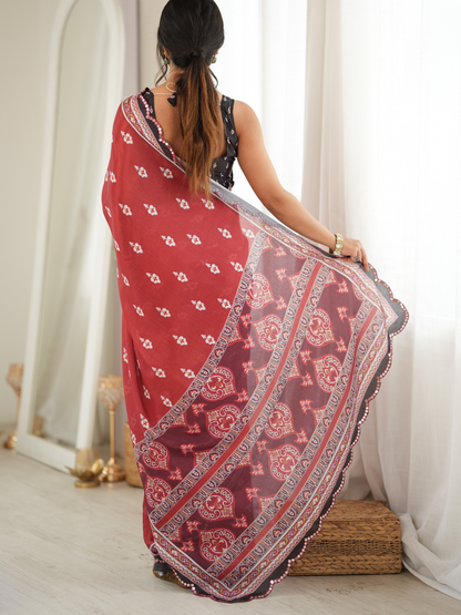 Brick Brown Printed Chiffon Silk Saree