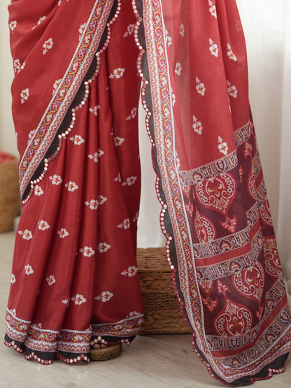 Brick Brown Printed Chiffon Silk Saree