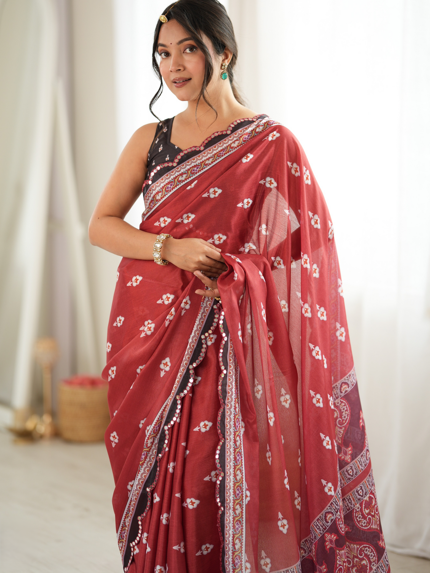Brick Brown Printed Chiffon Silk Saree