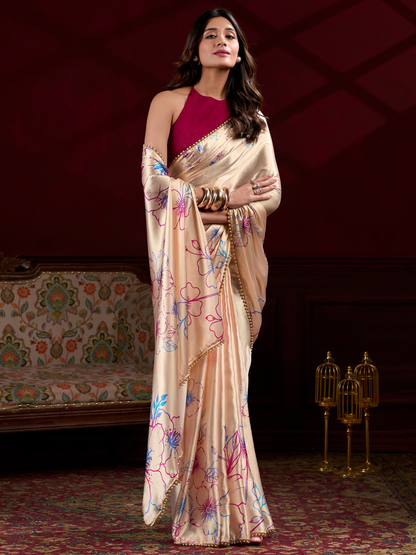 Sandy Pink Print Satin Silk Saree
