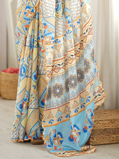Multicolor Printed Chiffon Silk Saree