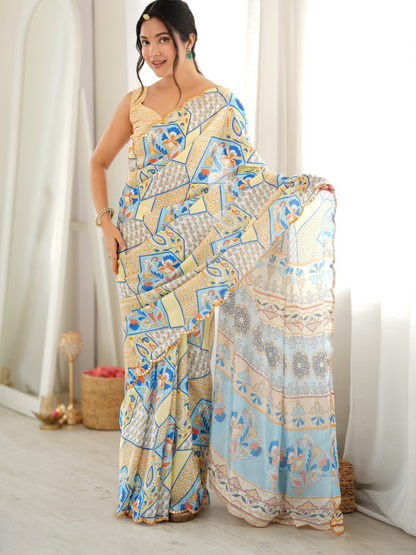 Multicolor Printed Chiffon Silk Saree