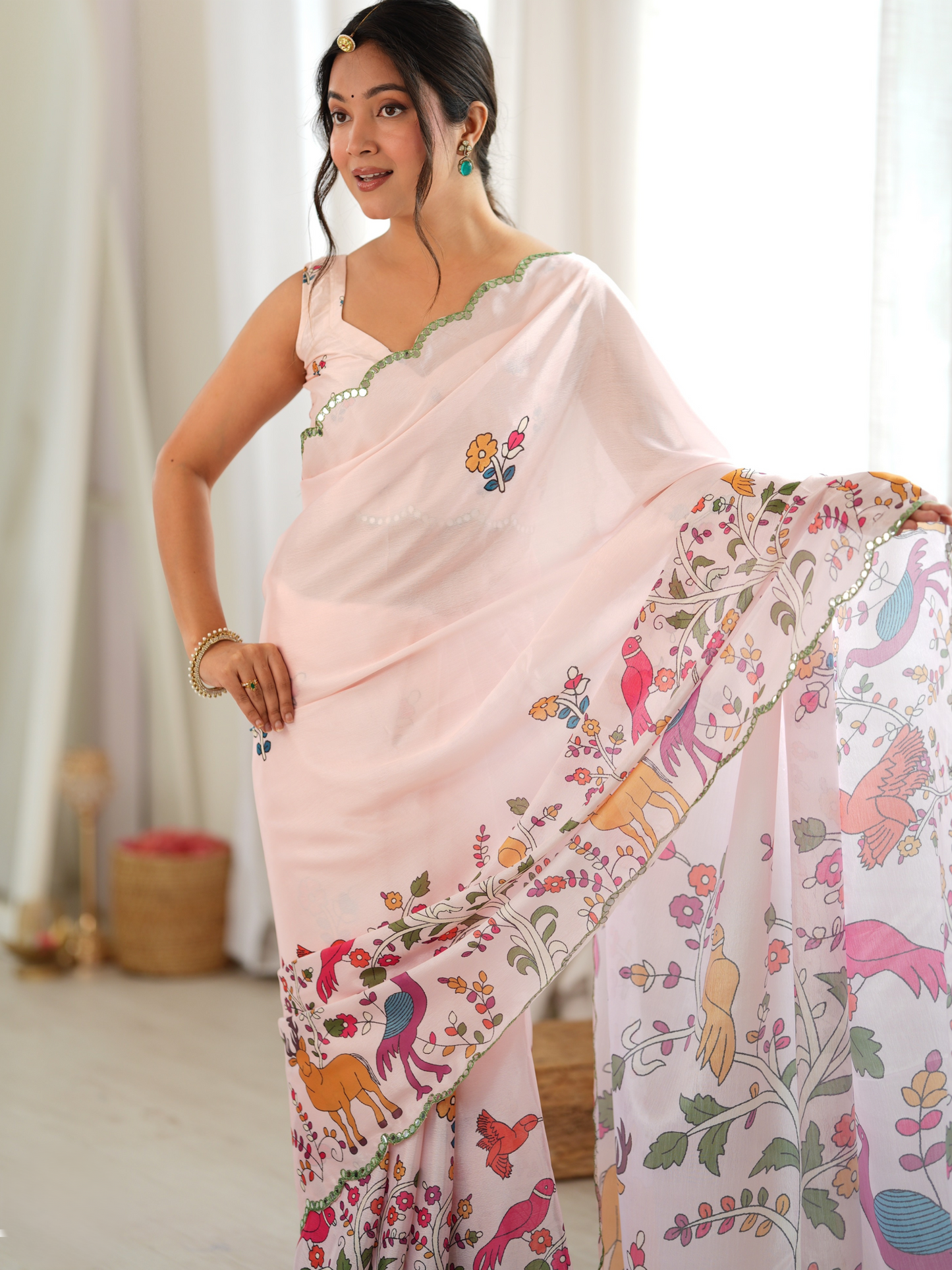 Powder Pink Printed Chiffon Silk Saree