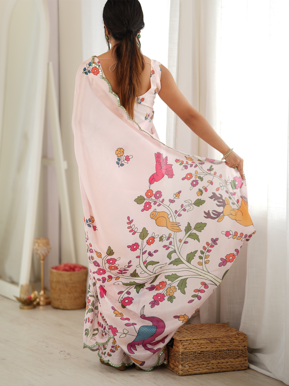 Powder Pink Printed Chiffon Silk Saree