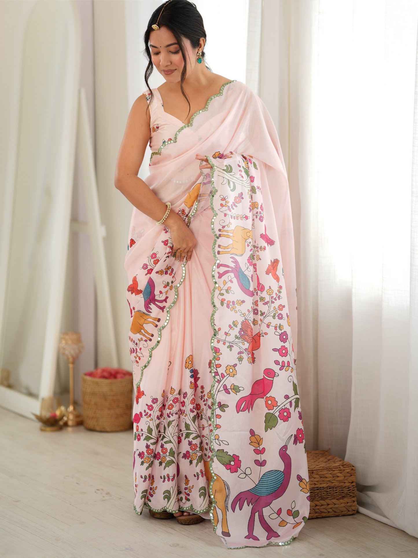 Powder Pink Printed Chiffon Silk Saree