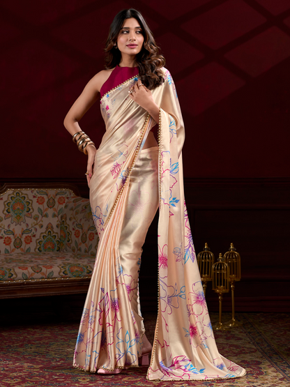 Sandy Pink Print Satin Silk Saree