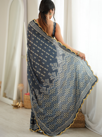 Dark Gray Printed Chiffon Silk Saree