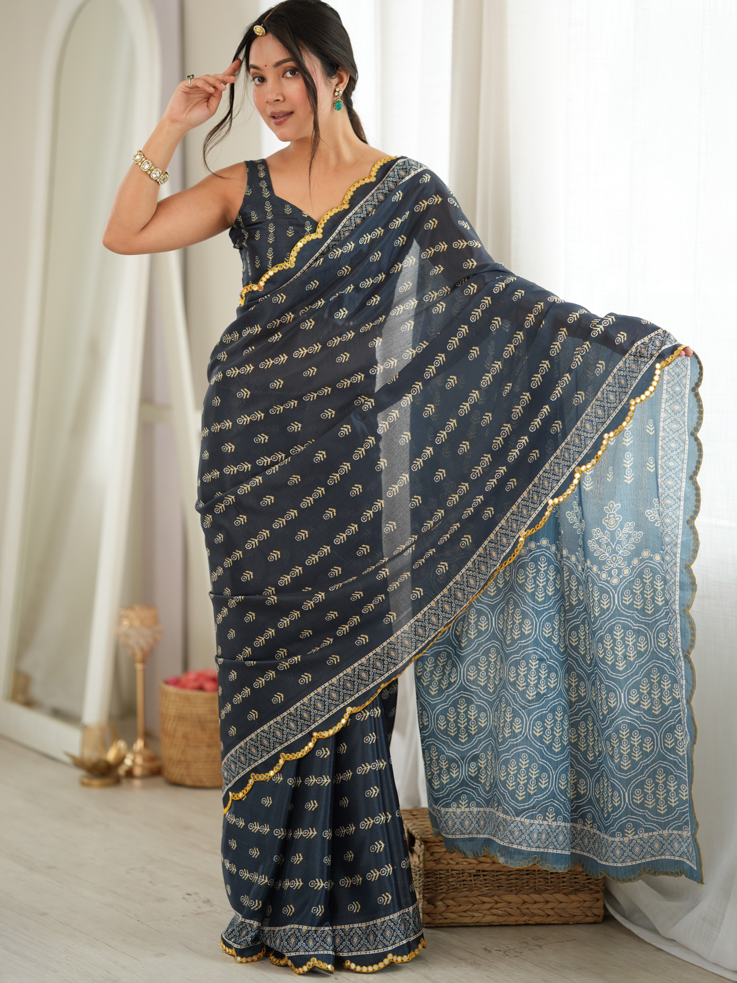 Dark Gray Printed Chiffon Silk Saree
