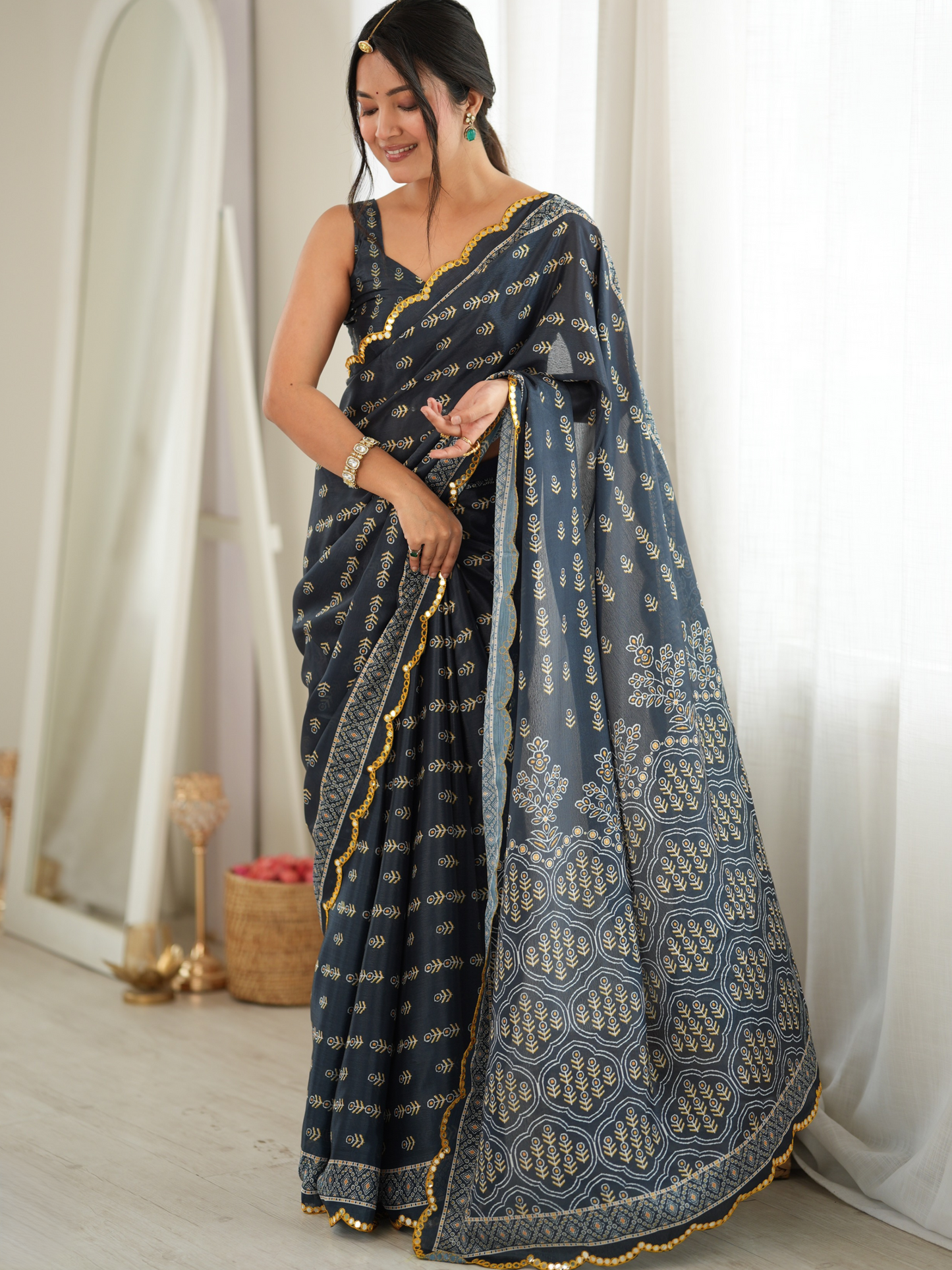 Dark Gray Printed Chiffon Silk Saree