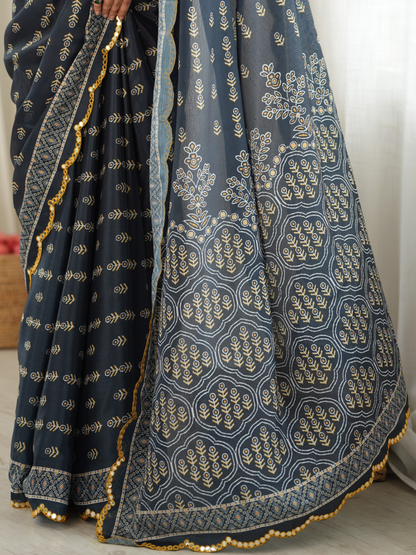 Dark Gray Printed Chiffon Silk Saree
