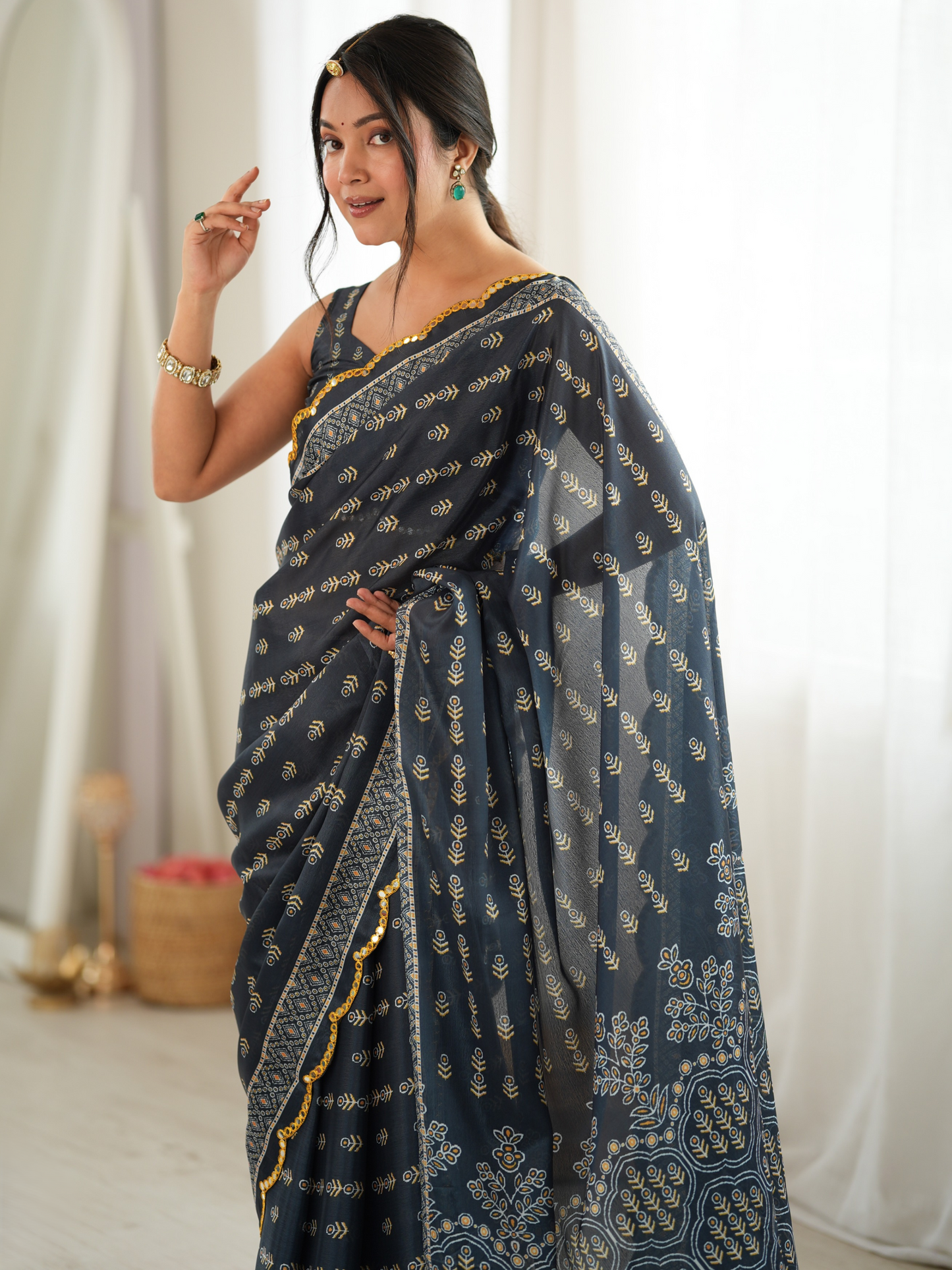 Dark Gray Printed Chiffon Silk Saree