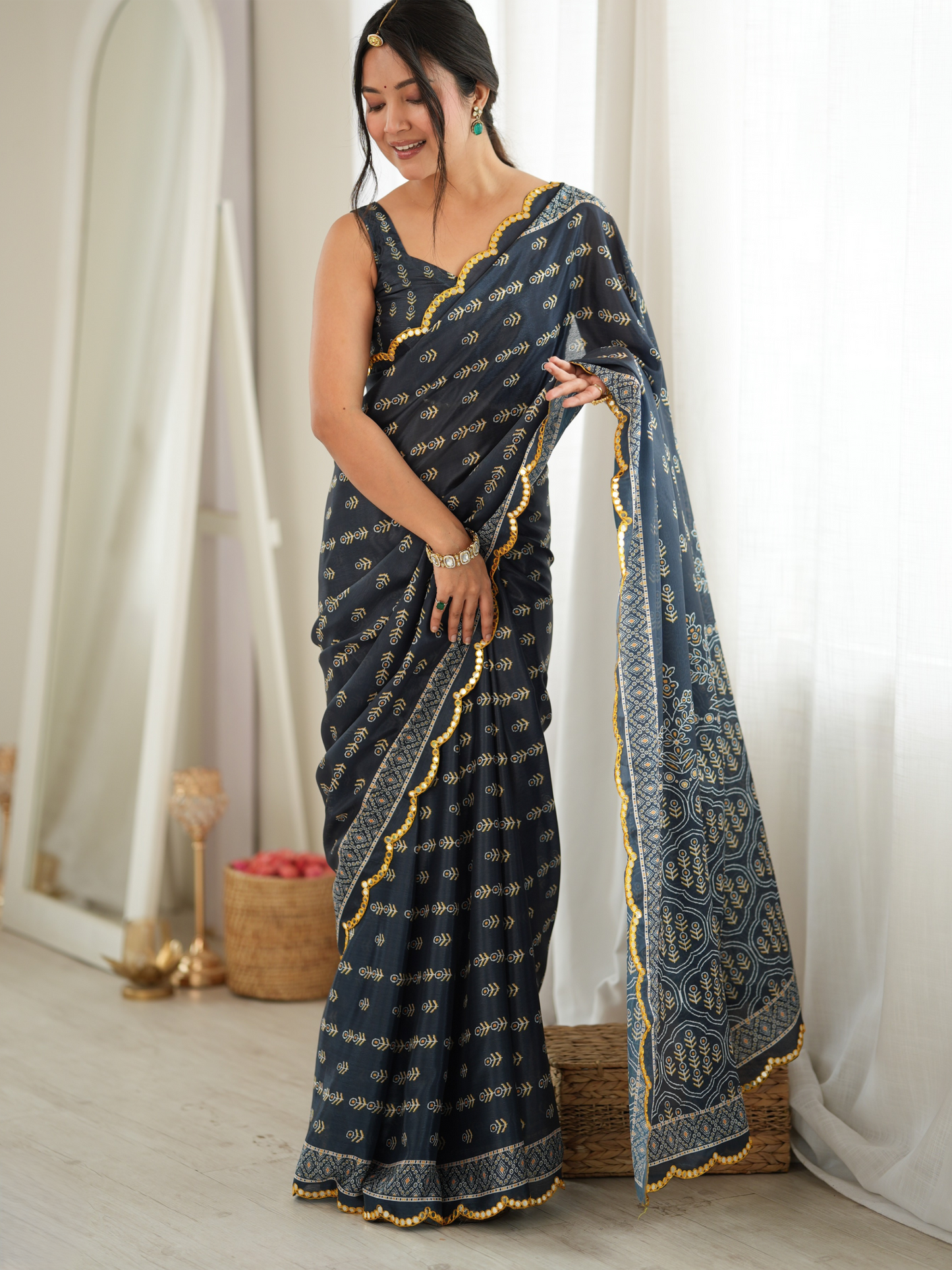 Dark Gray Printed Chiffon Silk Saree