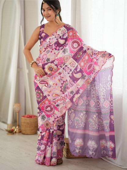 Multicolor Printed Chiffon Silk Saree