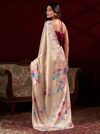 Sandy Pink Print Satin Silk Saree
