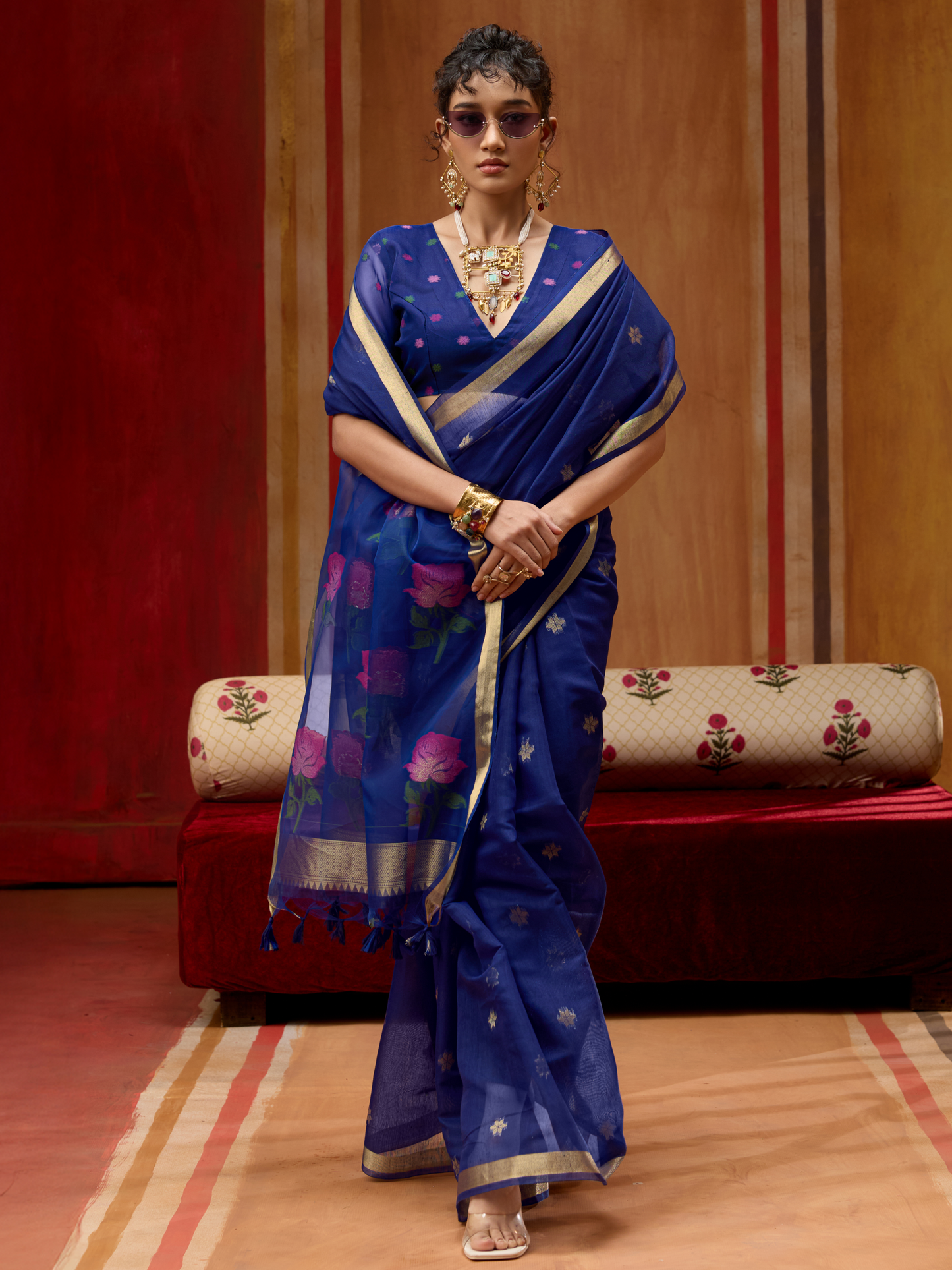 Ink Blue Spun Cotton Weaving Saree