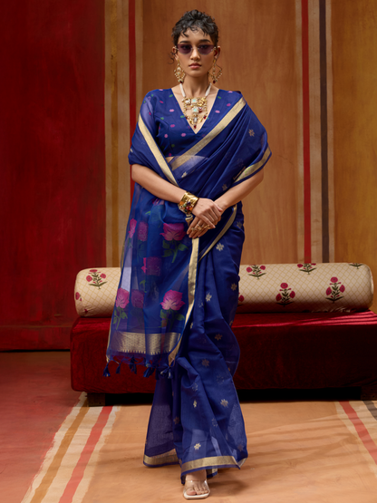 Ink Blue Spun Cotton Weaving Saree