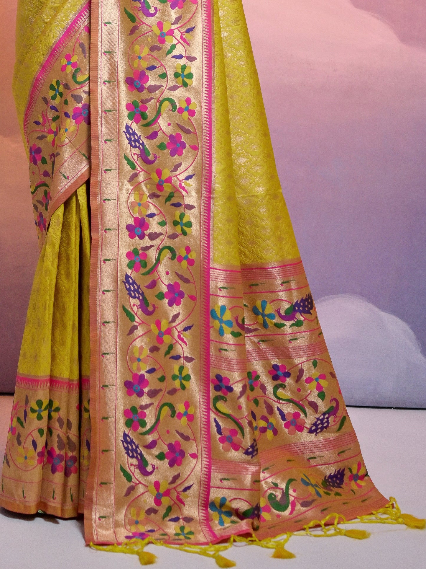 Golden Yellow Woven Paithani Silk Saree