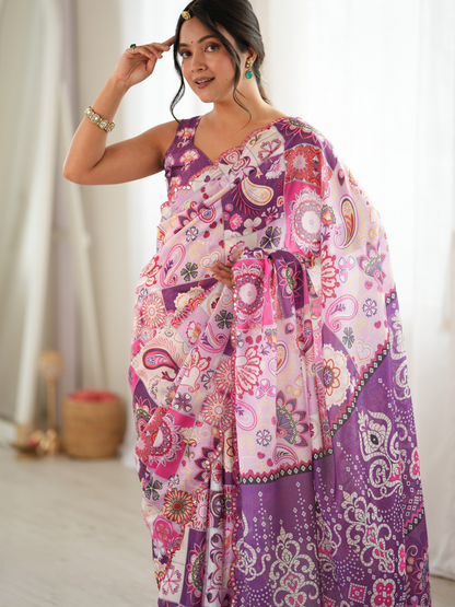 Multicolor Printed Chiffon Silk Saree