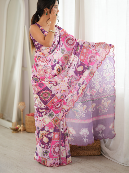 Multicolor Printed Chiffon Silk Saree