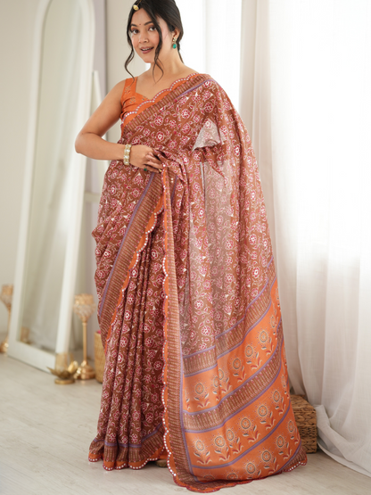 Cider Orange Printed Chiffon Silk Saree