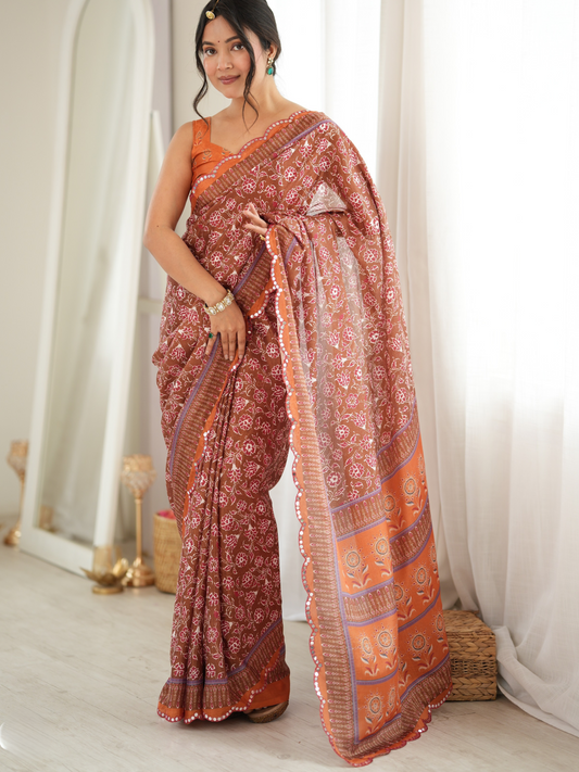 Cider Orange Printed Chiffon Silk Saree