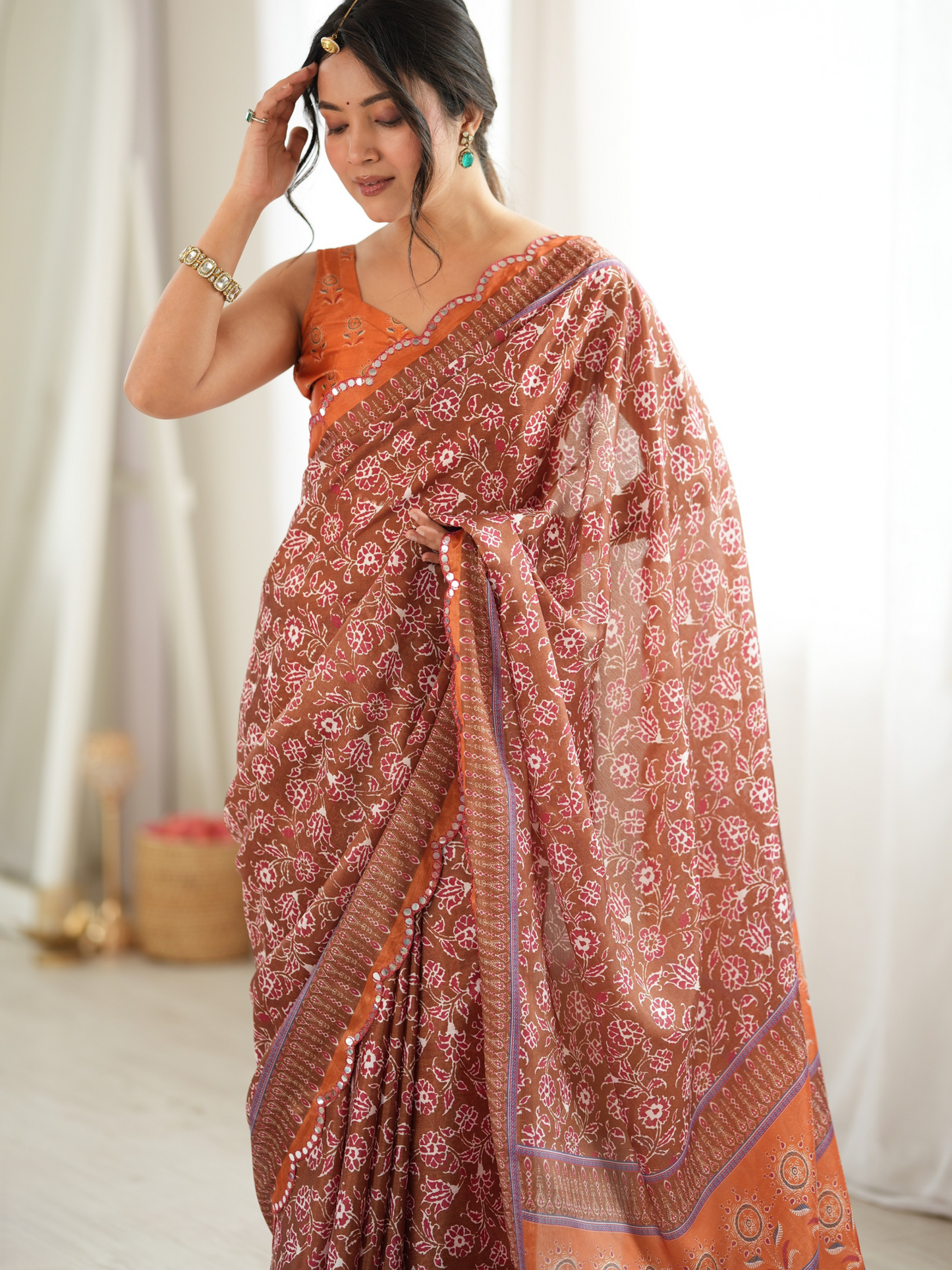 Cider Orange Printed Chiffon Silk Saree
