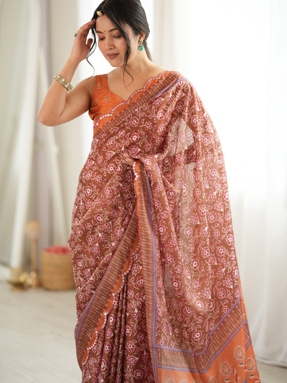 Cider Orange Printed Chiffon Silk Saree