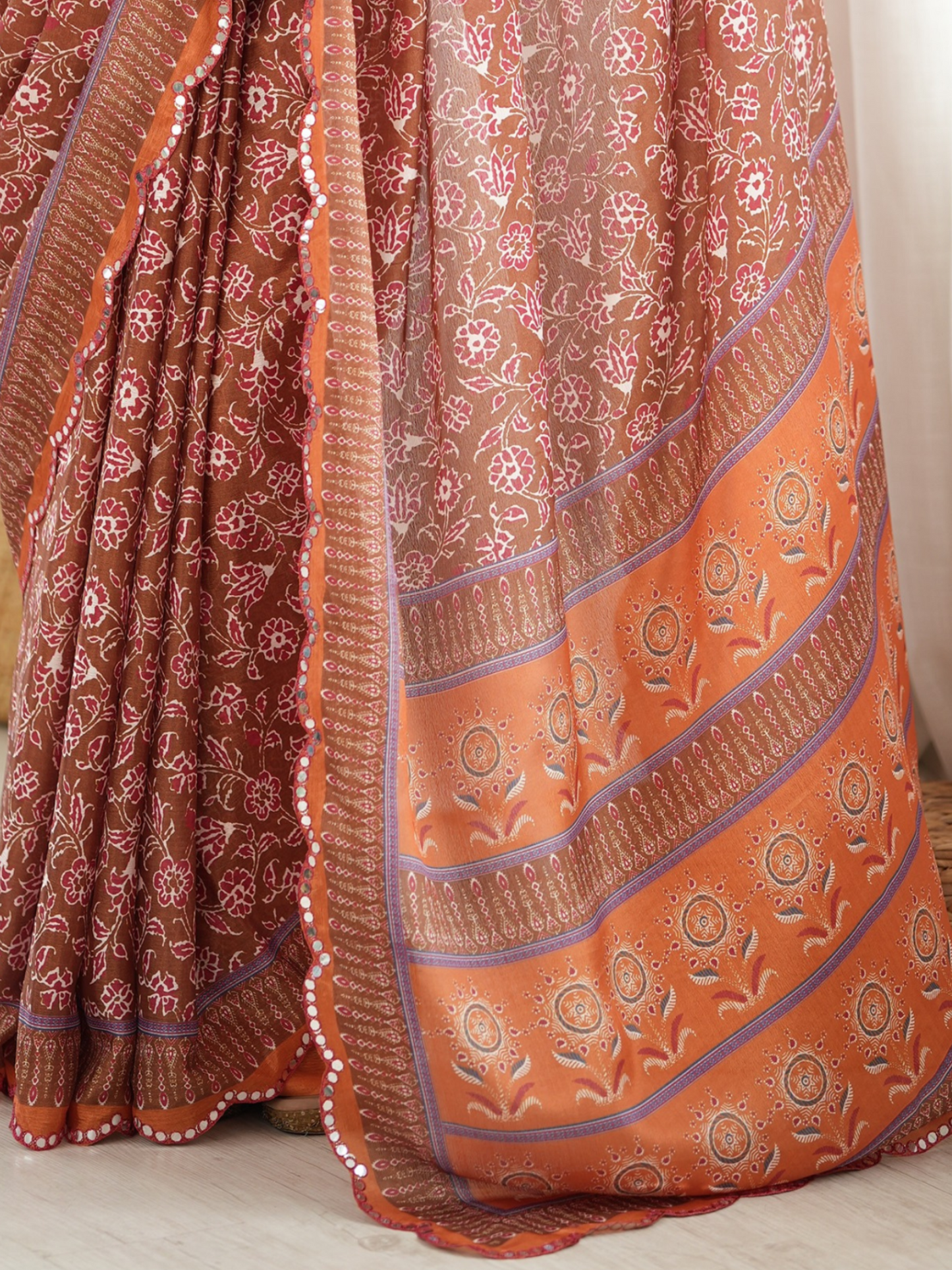 Cider Orange Printed Chiffon Silk Saree