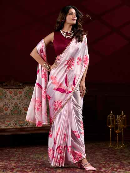 Powder Pink Printed Satin Silk Saree