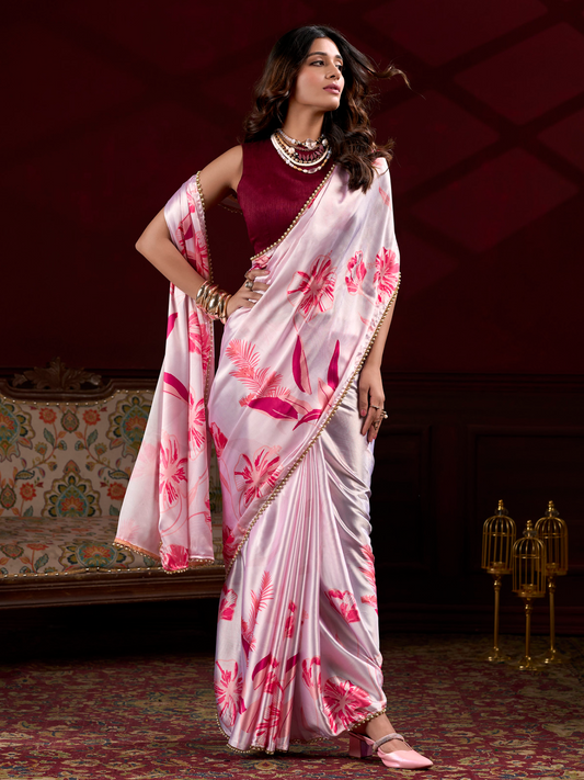Powder Pink Printed Satin Silk Saree