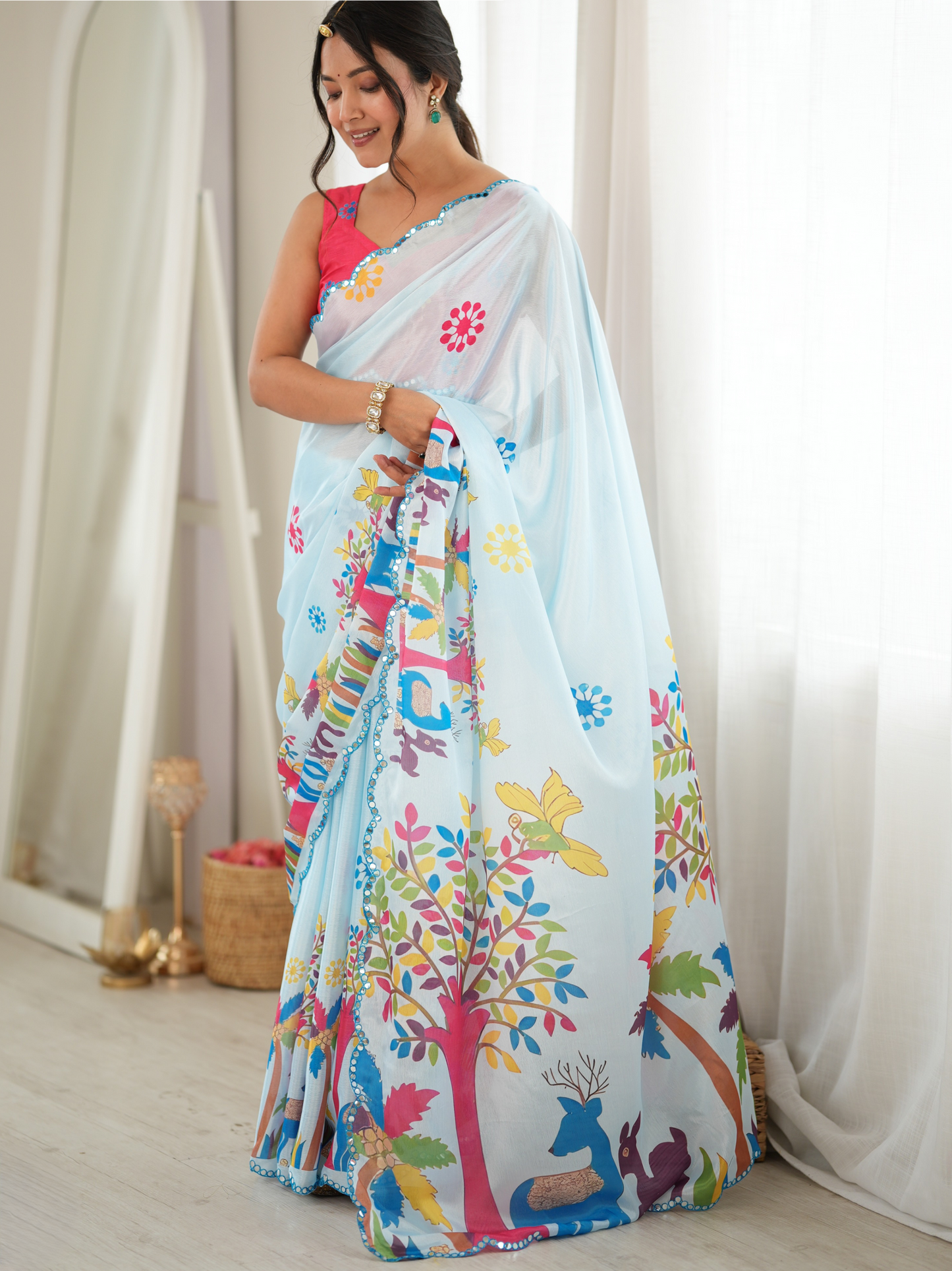 Ice Blue Printed Chiffon Silk Saree