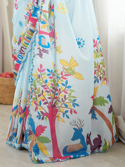 Ice Blue Printed Chiffon Silk Saree